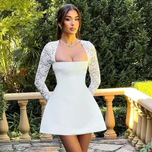 Elegant Lace Long Sleeve Mini Dress with Sweetheart Neckline Satin Club Party Dress