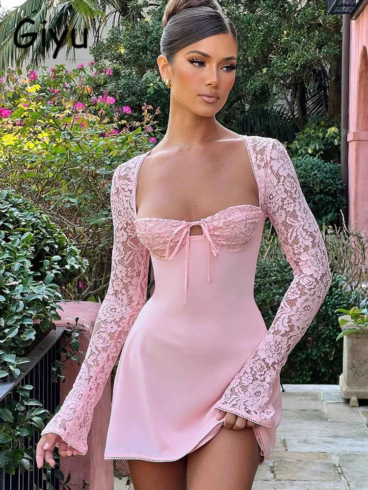 Elegant Lace Long Sleeve Mini Dress with Sweetheart Neckline Satin Club Party Dress