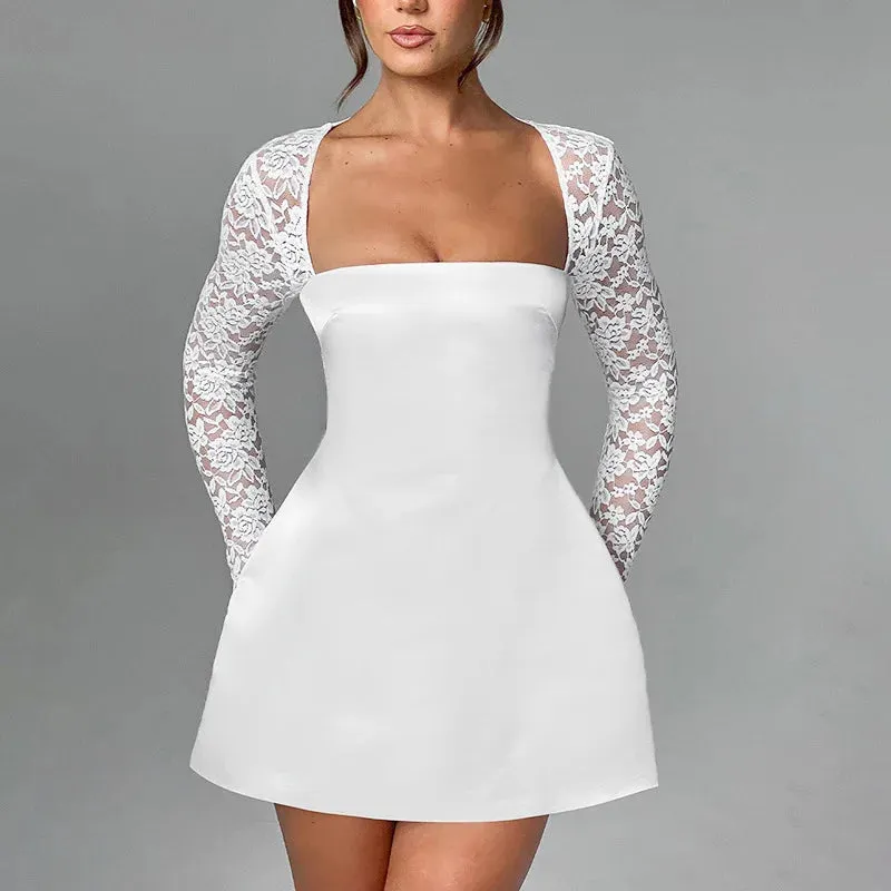 Elegant Lace Long Sleeve Mini Dress with Sweetheart Neckline Satin Club Party Dress