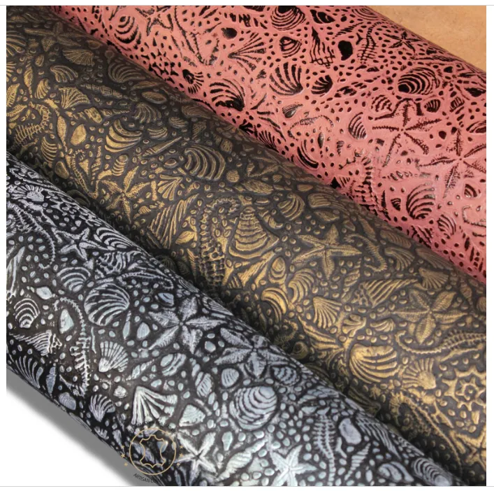 Embossed LEATHER Sheets, Sea Life Embossed Leather Tan Brown | 12"x12", 12"x18", 12"x24" Precuts Sheets for Crafts - Seahorses, star, shell