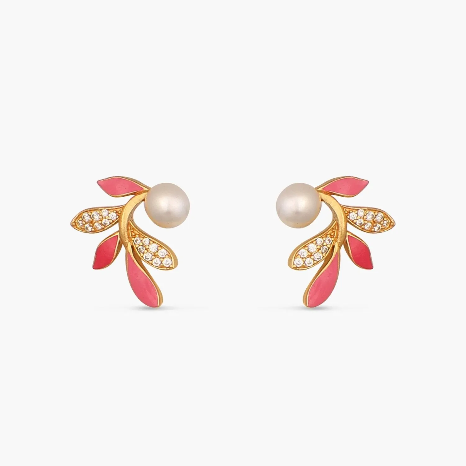 Eriha Pearl Delicate Pink Leaf Stud Earrings
