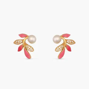 Eriha Pearl Delicate Pink Leaf Stud Earrings