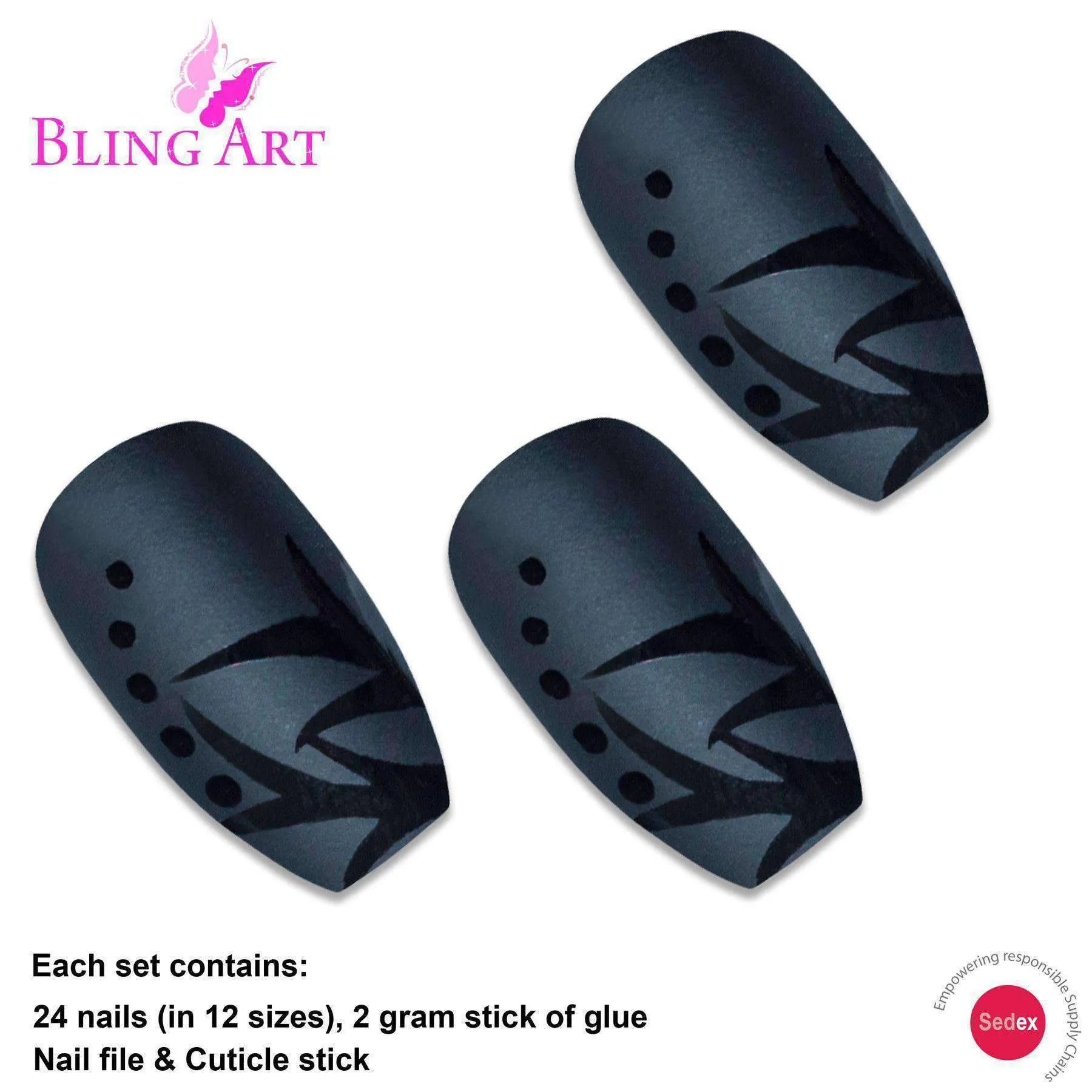 False Nails by Bling Art Black Leaf Matte