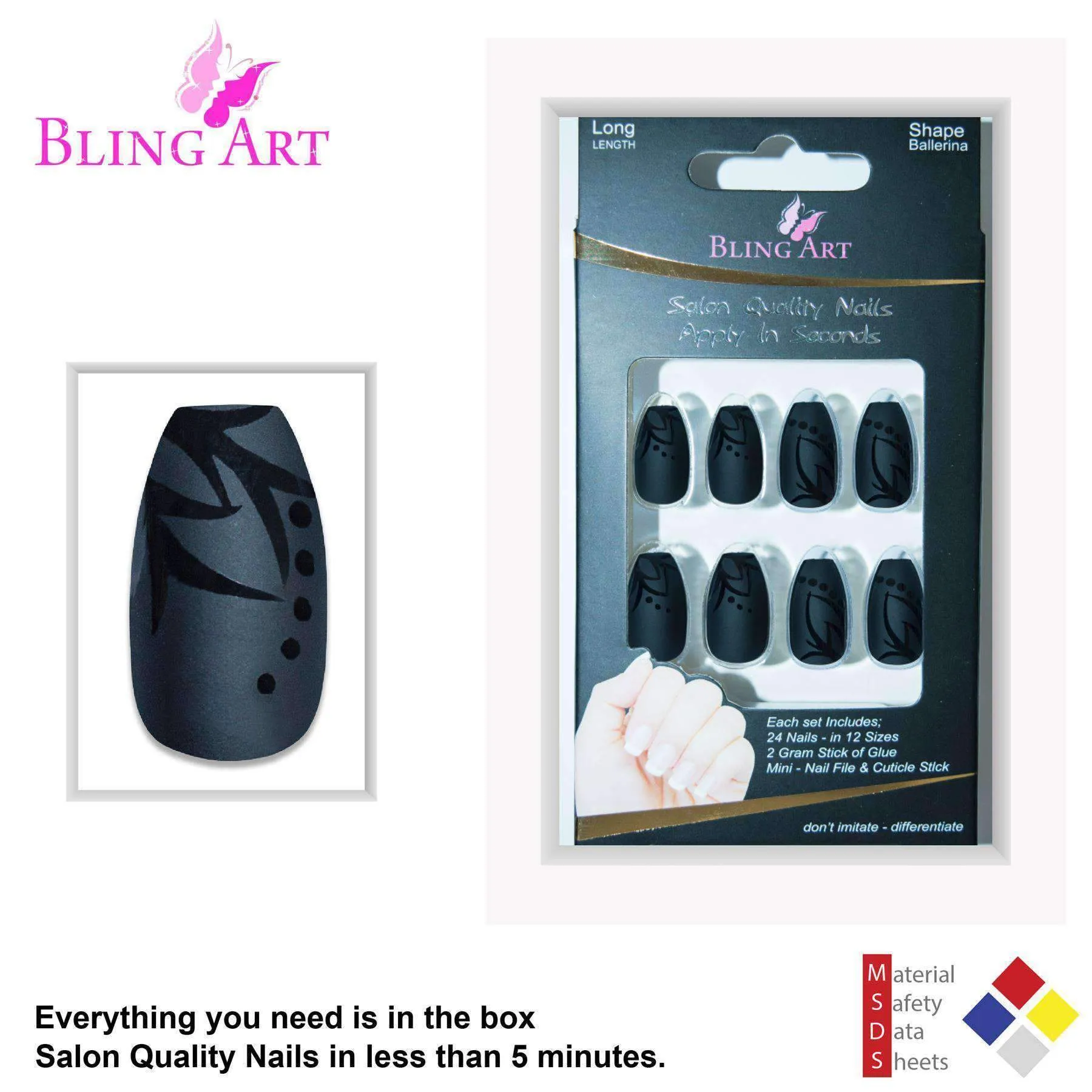 False Nails by Bling Art Black Leaf Matte
