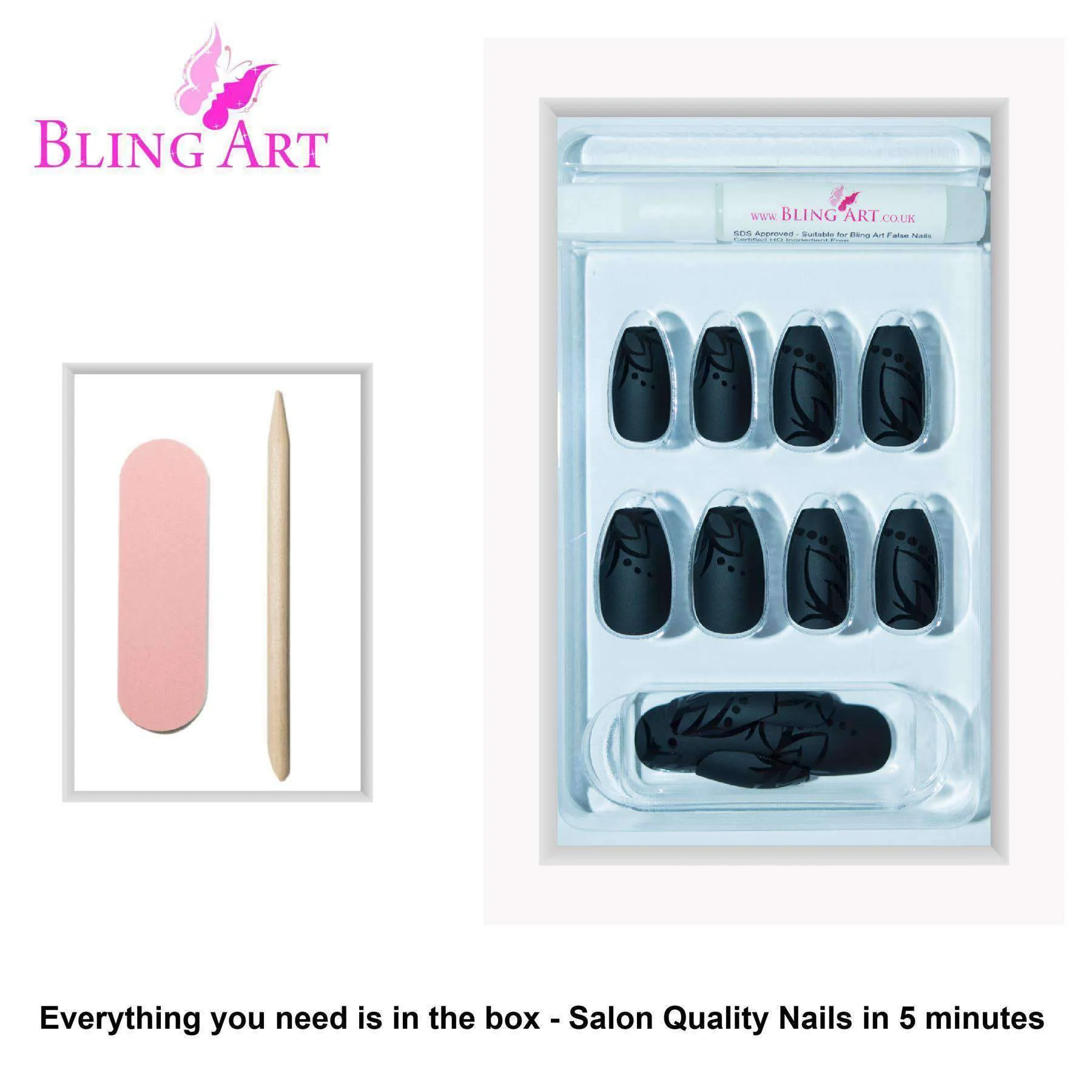 False Nails by Bling Art Black Leaf Matte