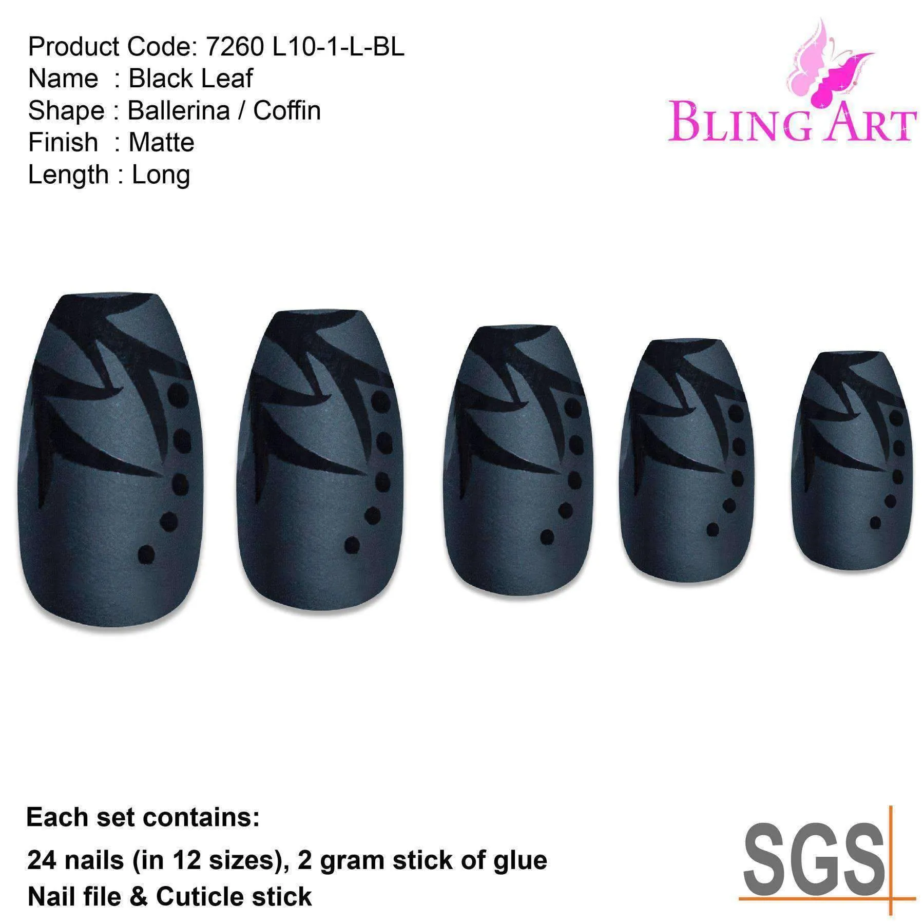 False Nails by Bling Art Black Leaf Matte