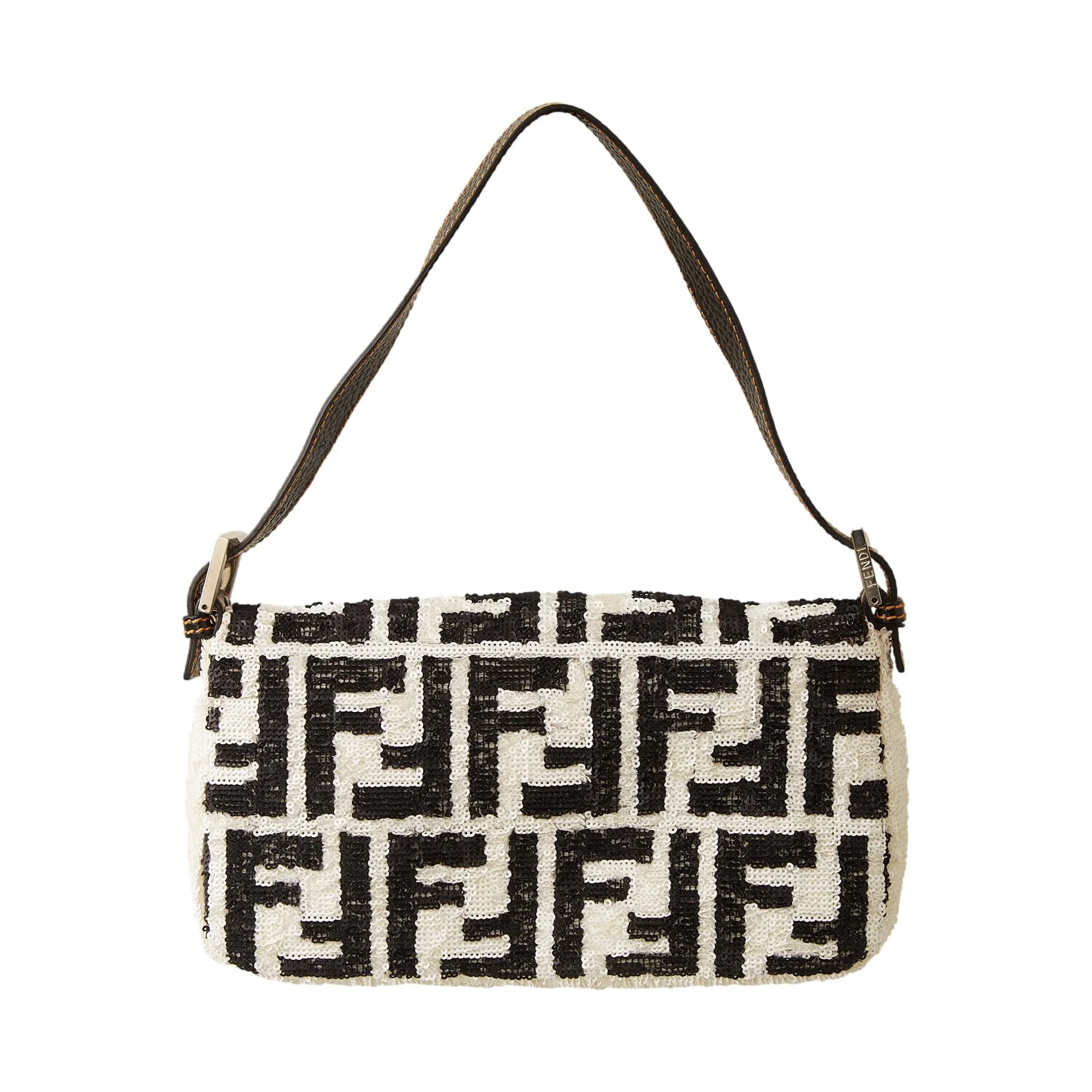Fendi Black & White Logo Sequin Baguette