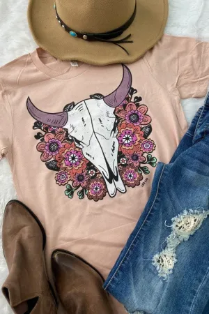 Floral Skull Tee: Peach