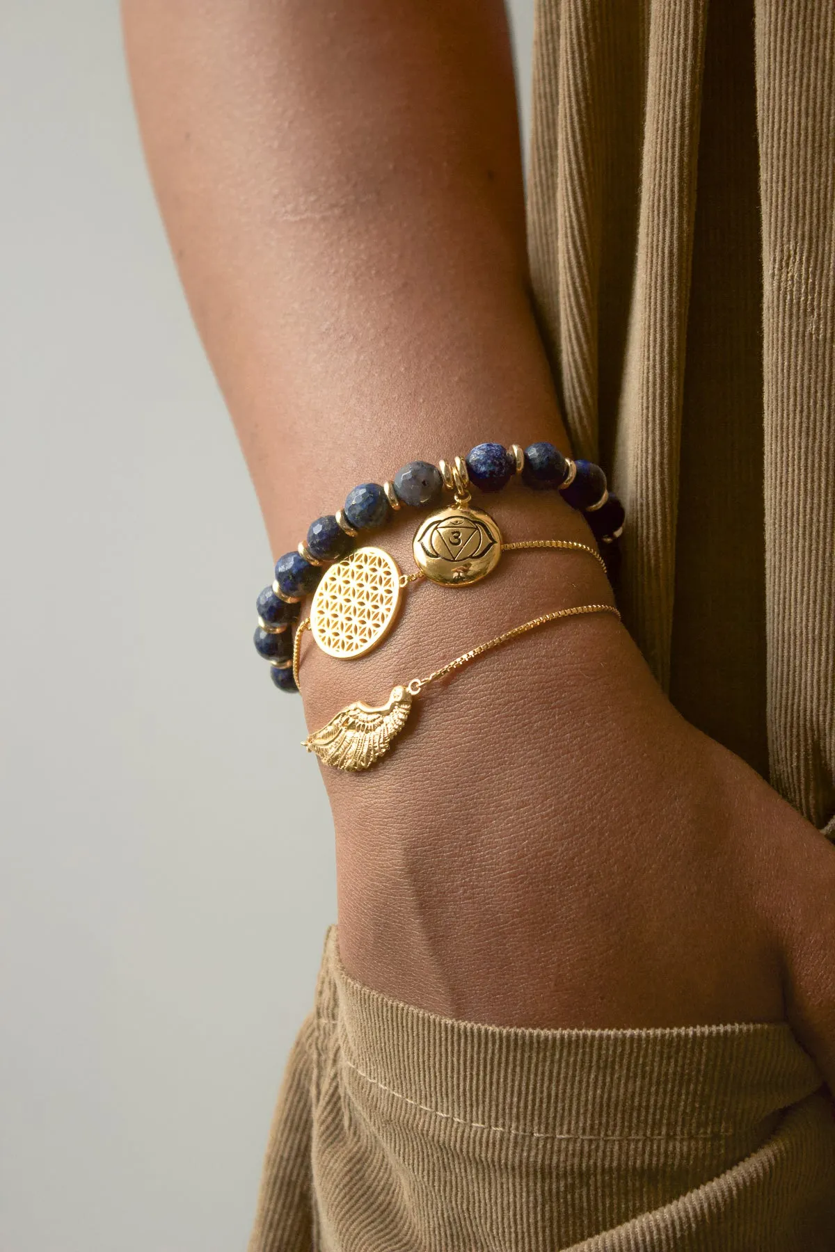 Flower of Life Sterling Silver, 18K Gold Vermeil Adjustable Chain Bracelet (one size)