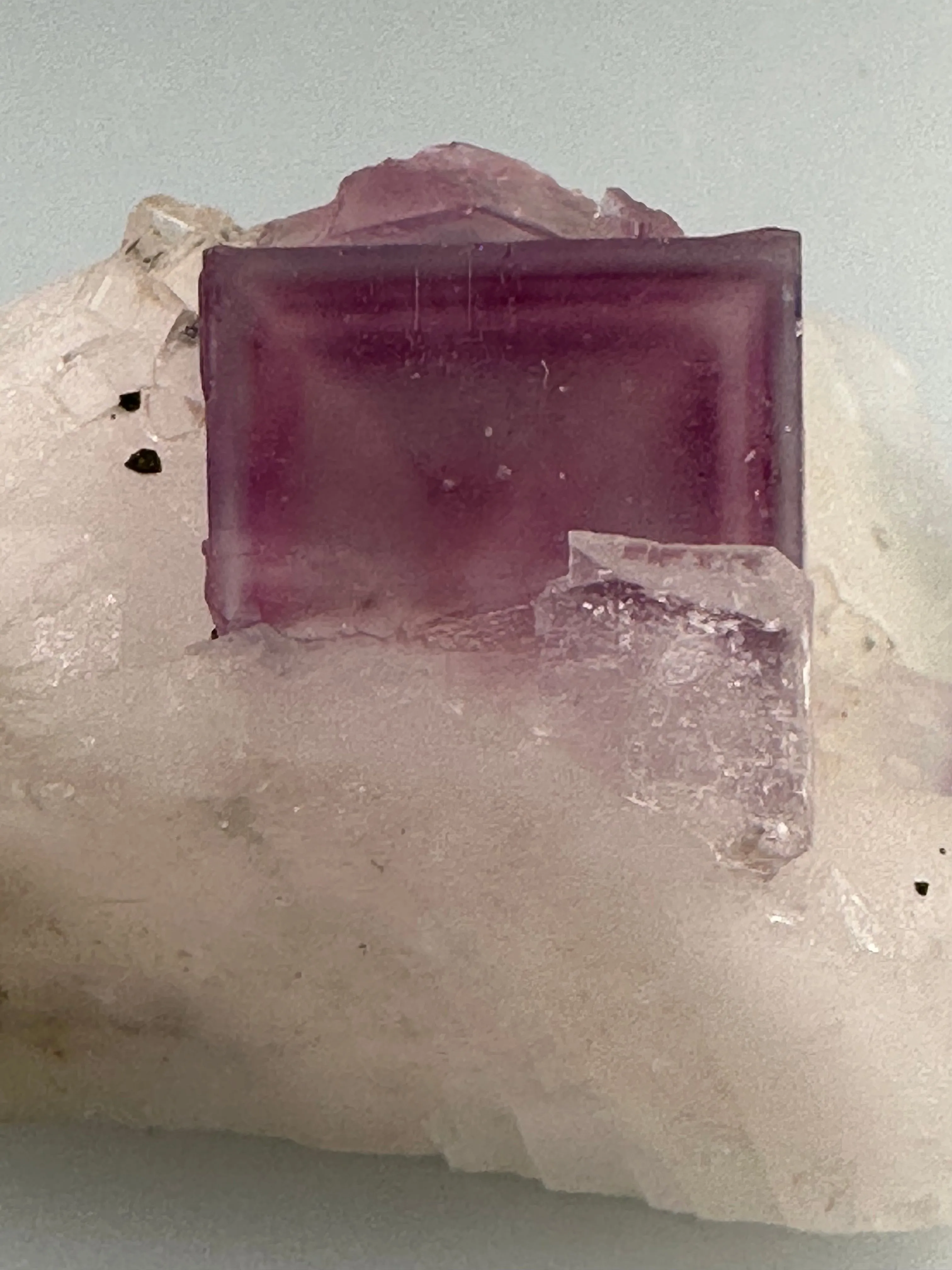 Fluorite on Calcite with Chalcopyrite, Pierce Vein, Gaskins Mine, Minerva Oil Company, Empire District, Southern Illinois, Mined c. early 1970’s, ex. Roy Smith Collection, Miniature, 2.8 x 3.2 x 4.9 cm, $200. Online Dec. 12.