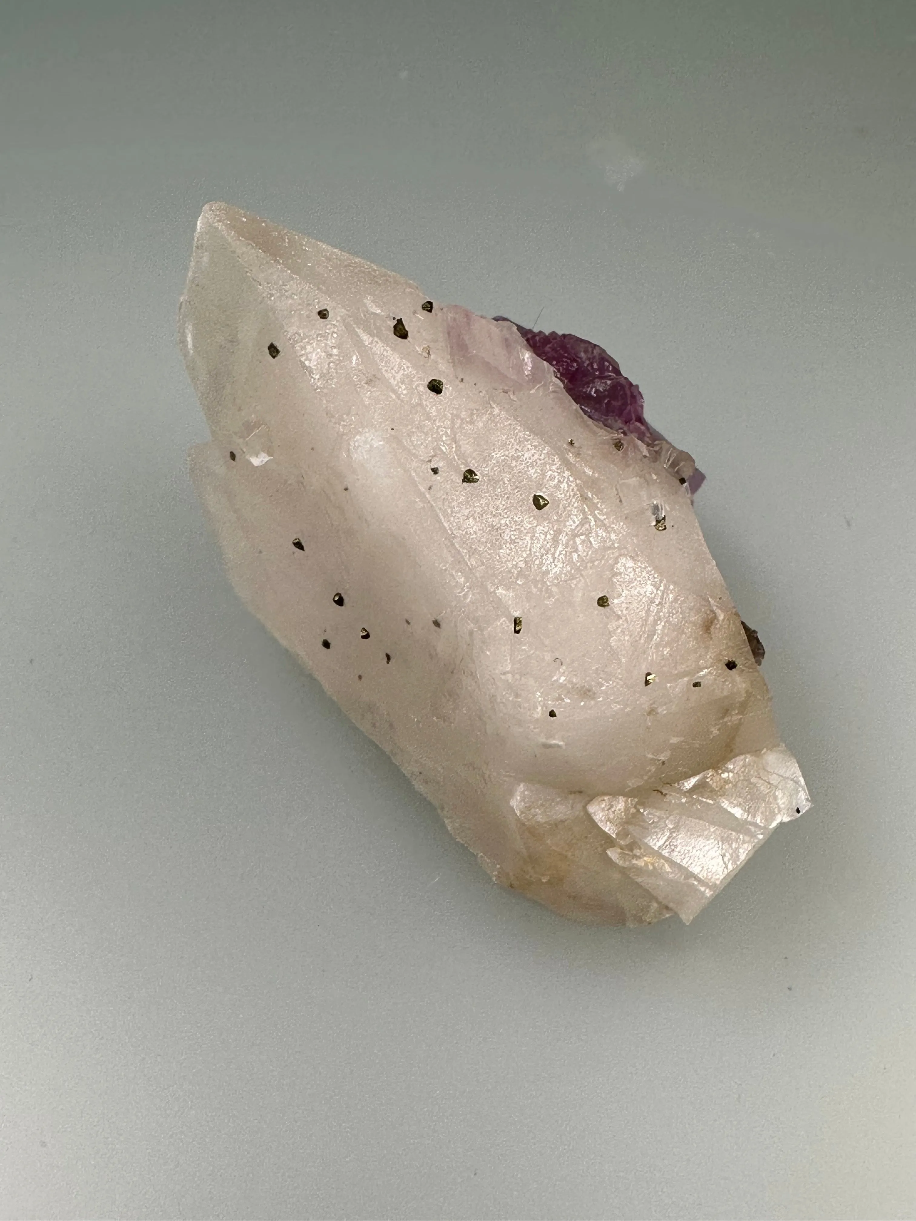Fluorite on Calcite with Chalcopyrite, Pierce Vein, Gaskins Mine, Minerva Oil Company, Empire District, Southern Illinois, Mined c. early 1970’s, ex. Roy Smith Collection, Miniature, 2.8 x 3.2 x 4.9 cm, $200. Online Dec. 12.