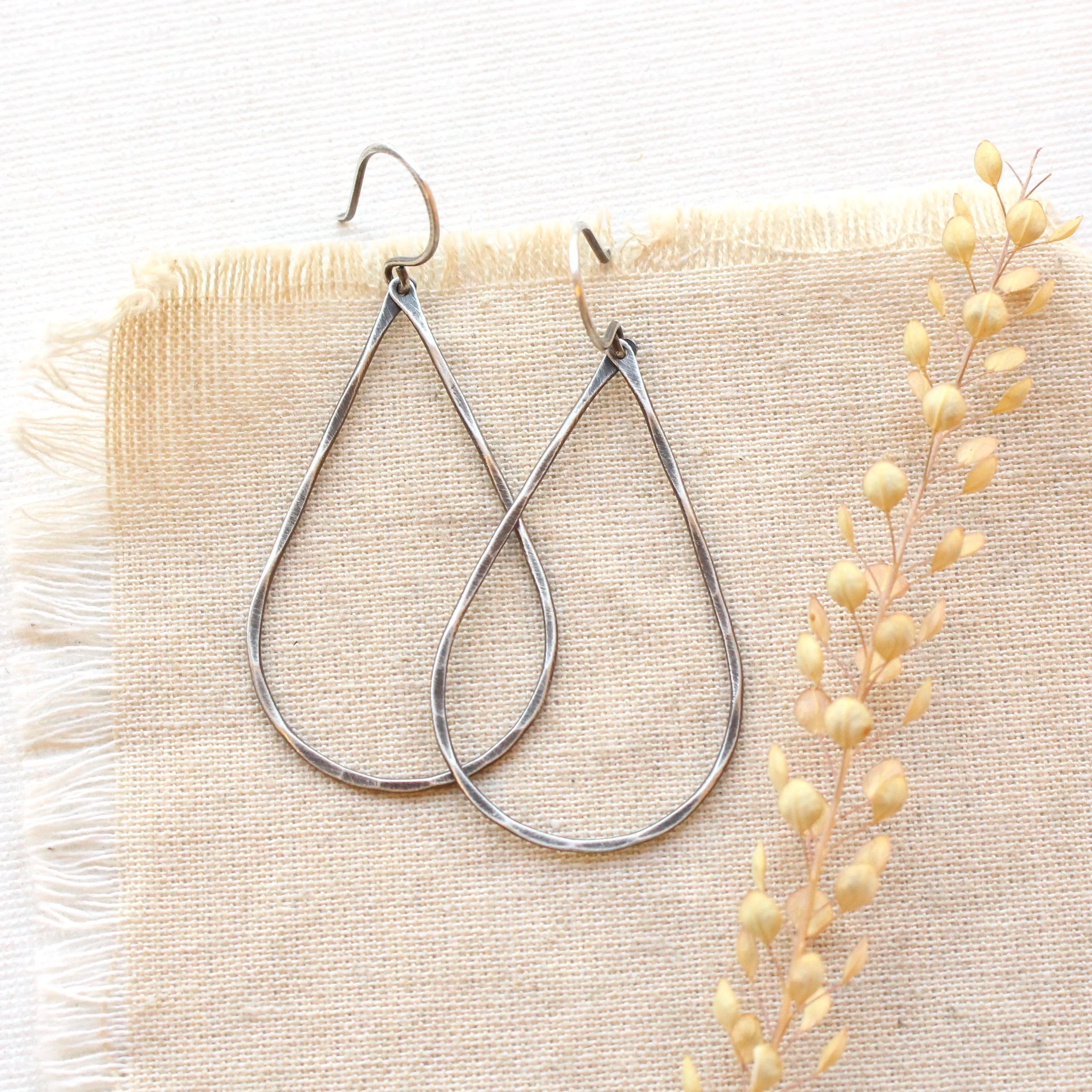 Forged Silver Teardrop Hoop Earrings