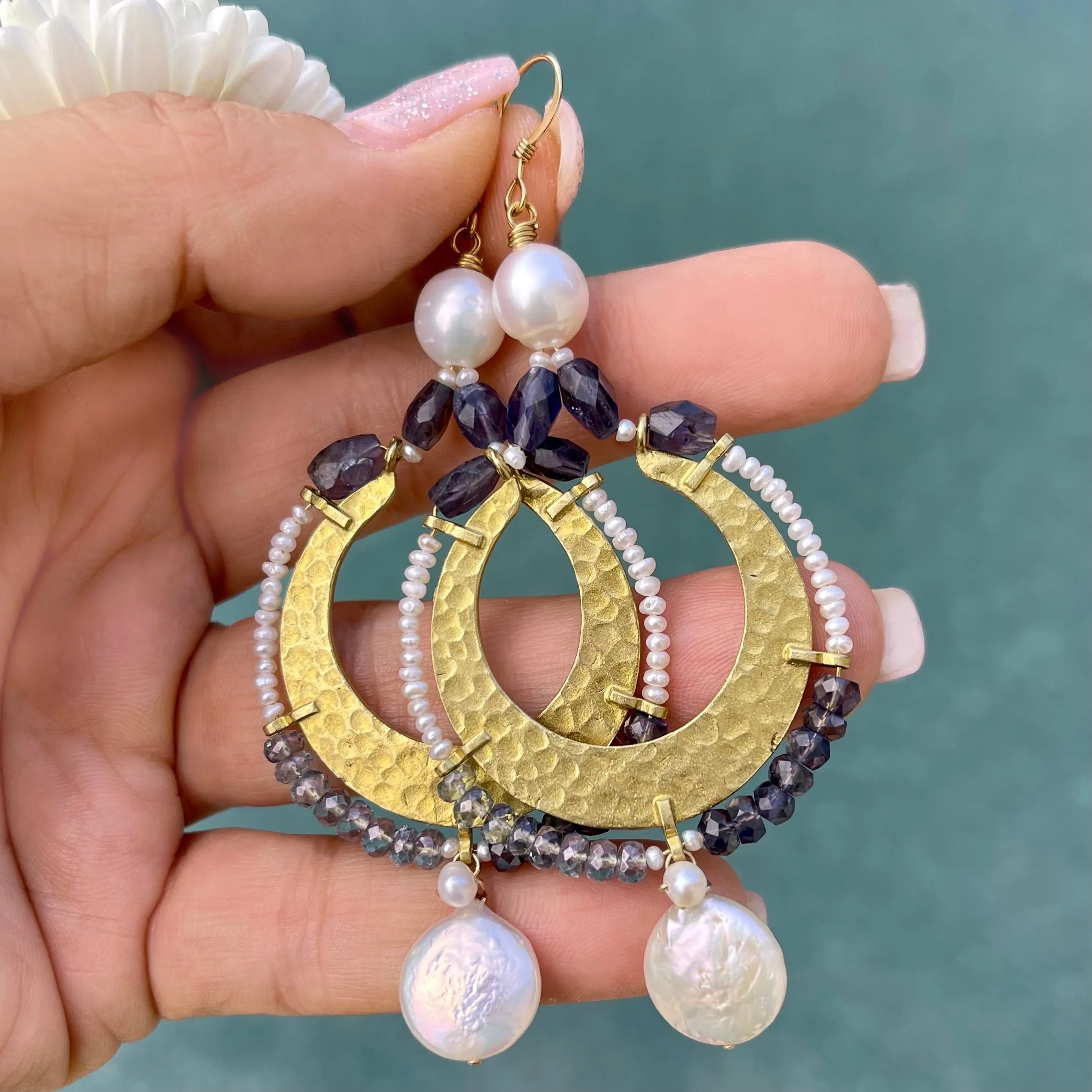 Freshwater Pearl, Iolite Statement Earrings