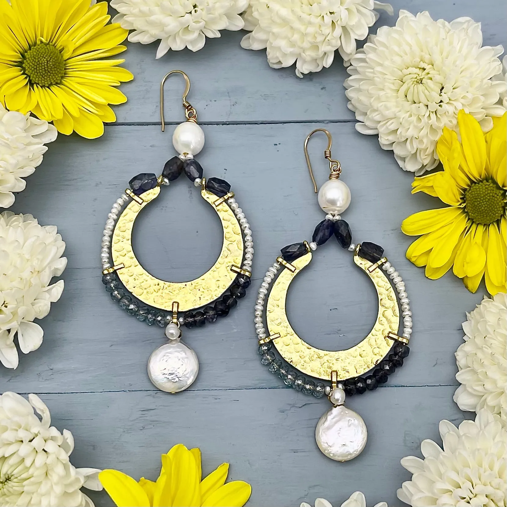 Freshwater Pearl, Iolite Statement Earrings