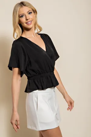 Glam Black Short Sleeve Cropped V-Neck Blouse