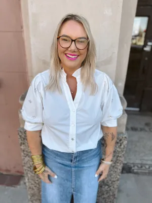 Glam White Button Down Top