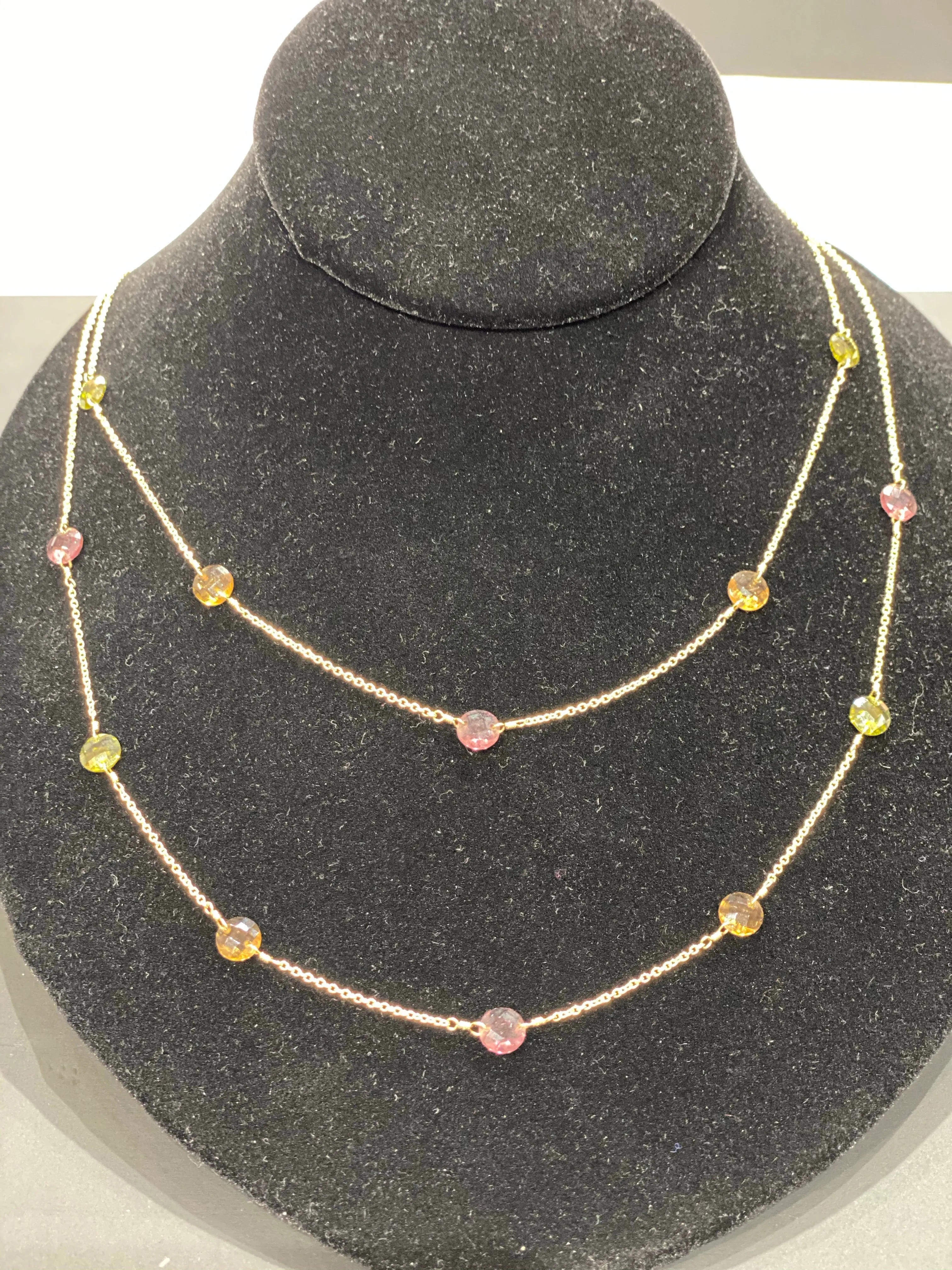 Gold Tone Delicate Double Strand Mutlicolor Stone Necklace