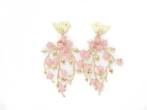 Golden Bird Floral Earrings-Pink