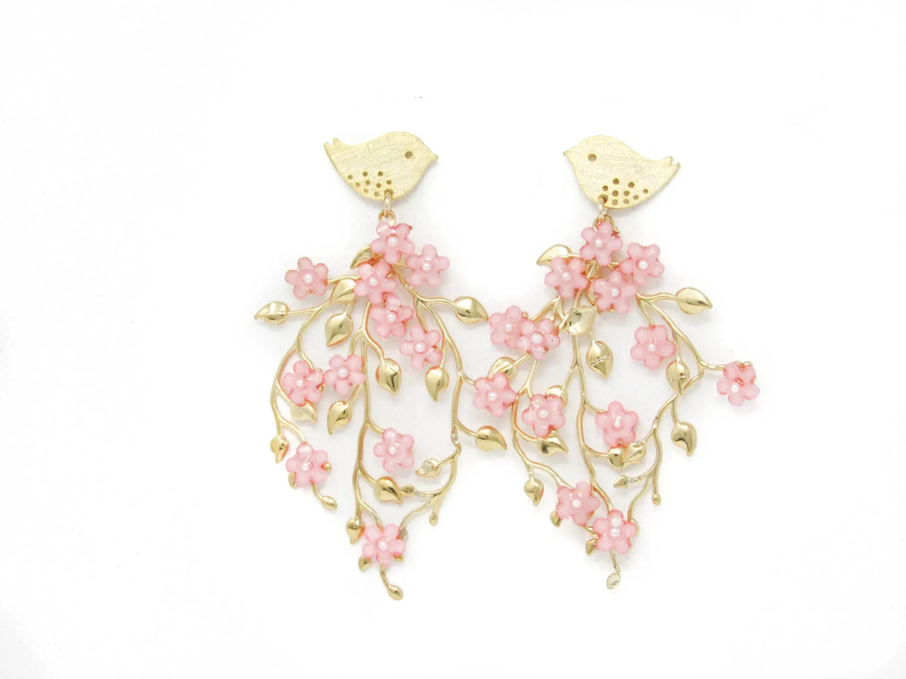 Golden Bird Floral Earrings-Pink