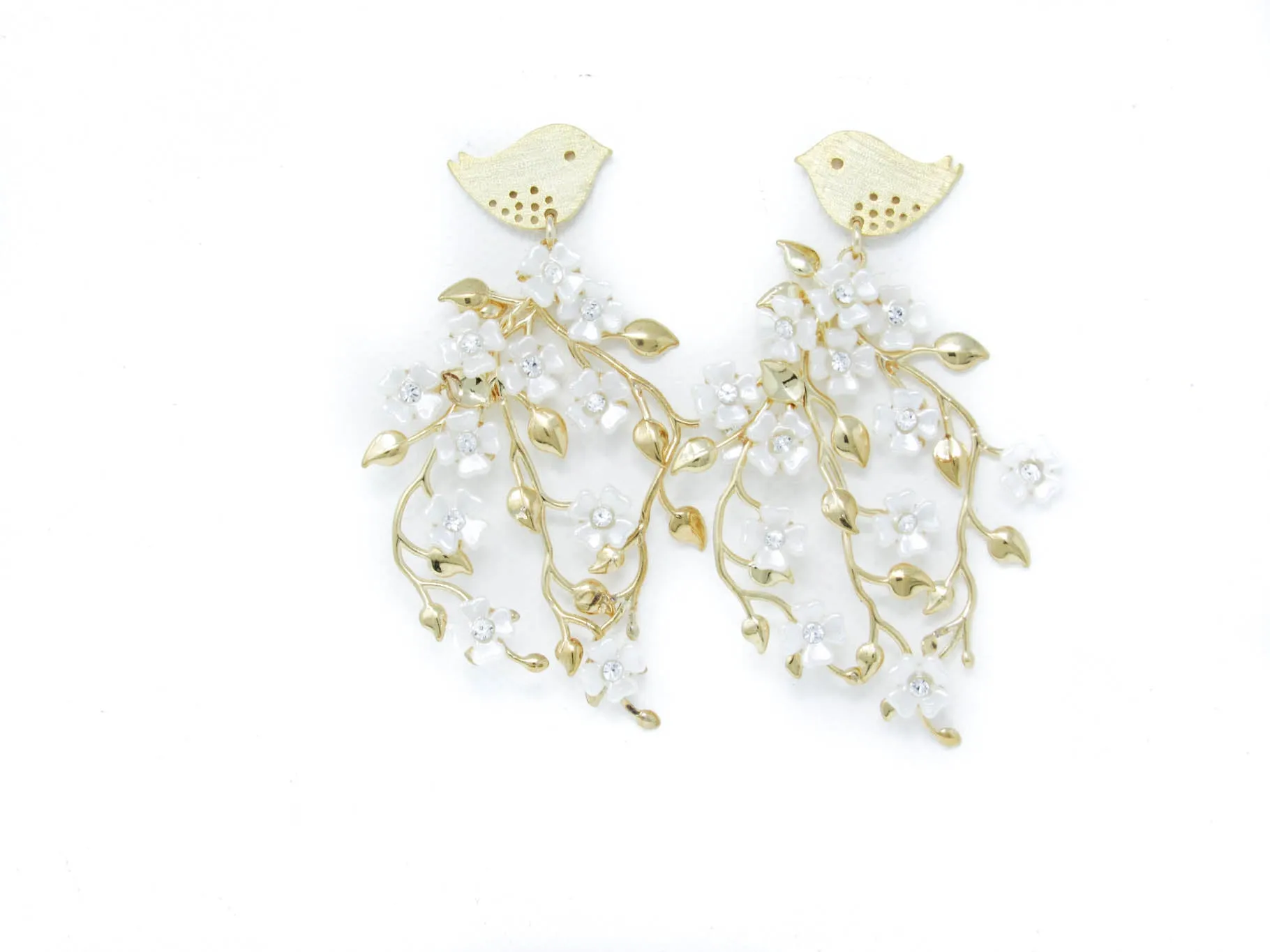Golden Bird Floral Earrings-White Pearl
