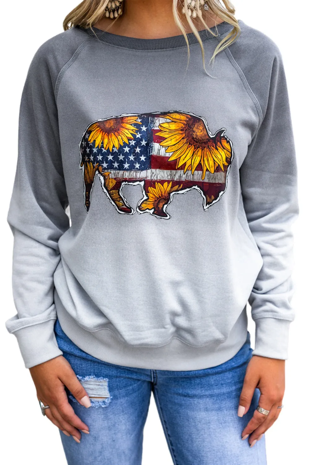 Gray American Flag Sunflower Cow Shape Print Graphic Sweatshirt