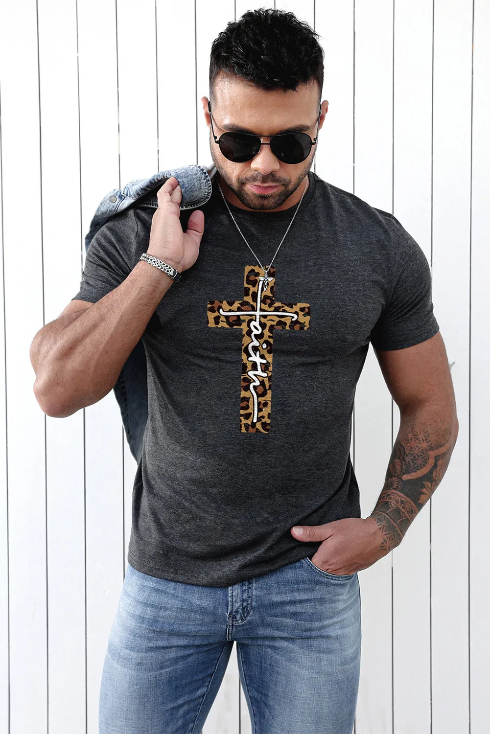 Gray Faith Leopard Cross Printed Slim Fit Crewneck Men's T Shirt