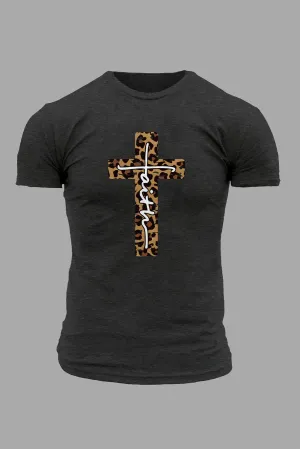 Gray Faith Leopard Cross Printed Slim Fit Crewneck Men's T Shirt
