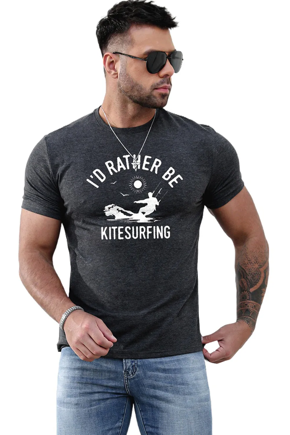 Gray I'D RATHER BE KITESURFING Slim Fit Men's Graphic Tee