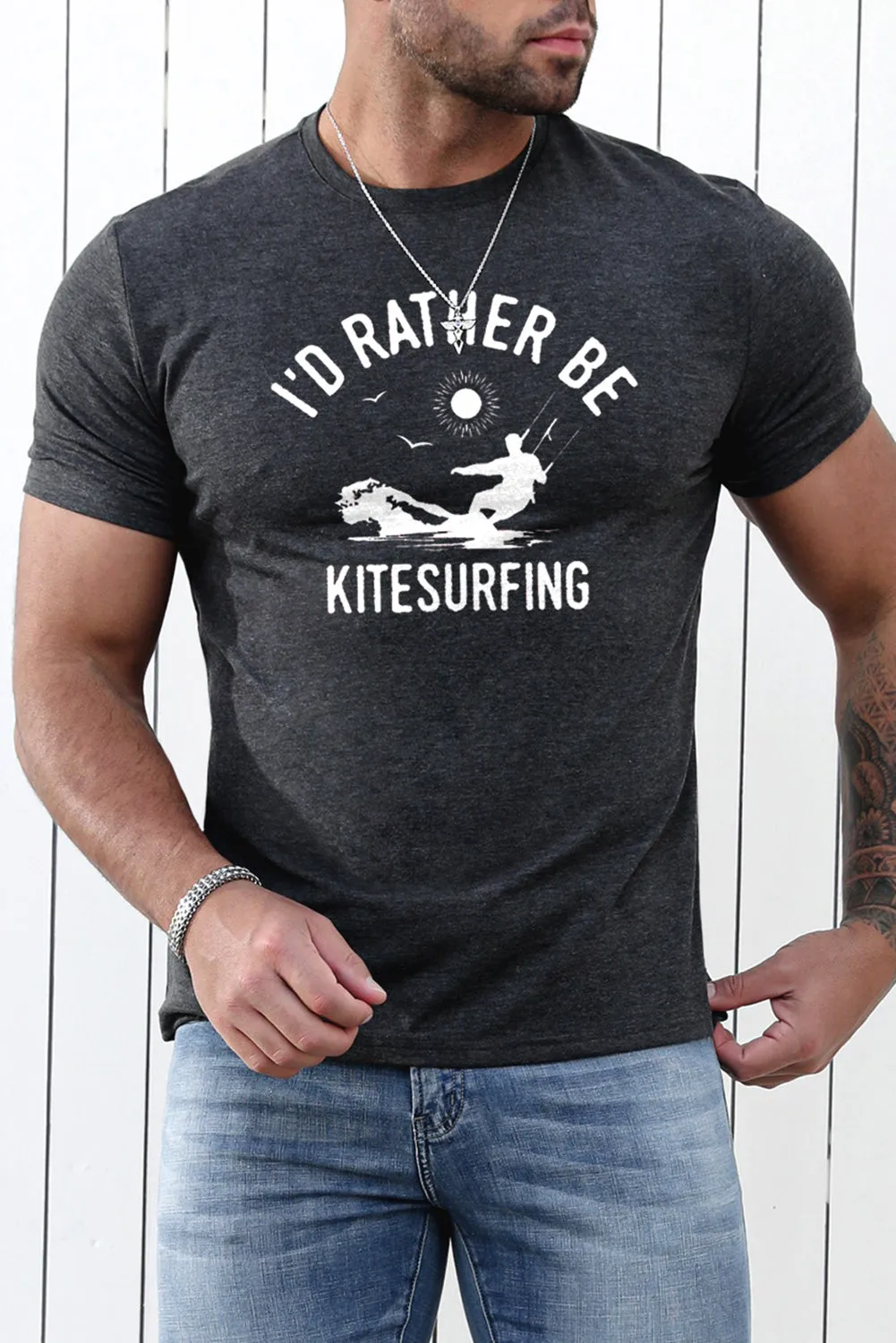 Gray I'D RATHER BE KITESURFING Slim Fit Men's Graphic Tee