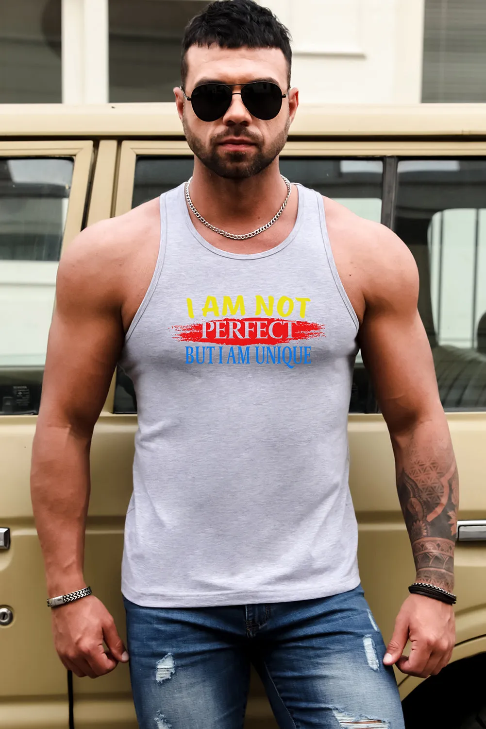 Gray Letter Print Slim-fit O-neck Men's Tank Top