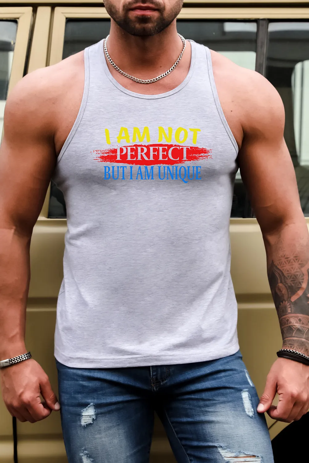 Gray Letter Print Slim-fit O-neck Men's Tank Top