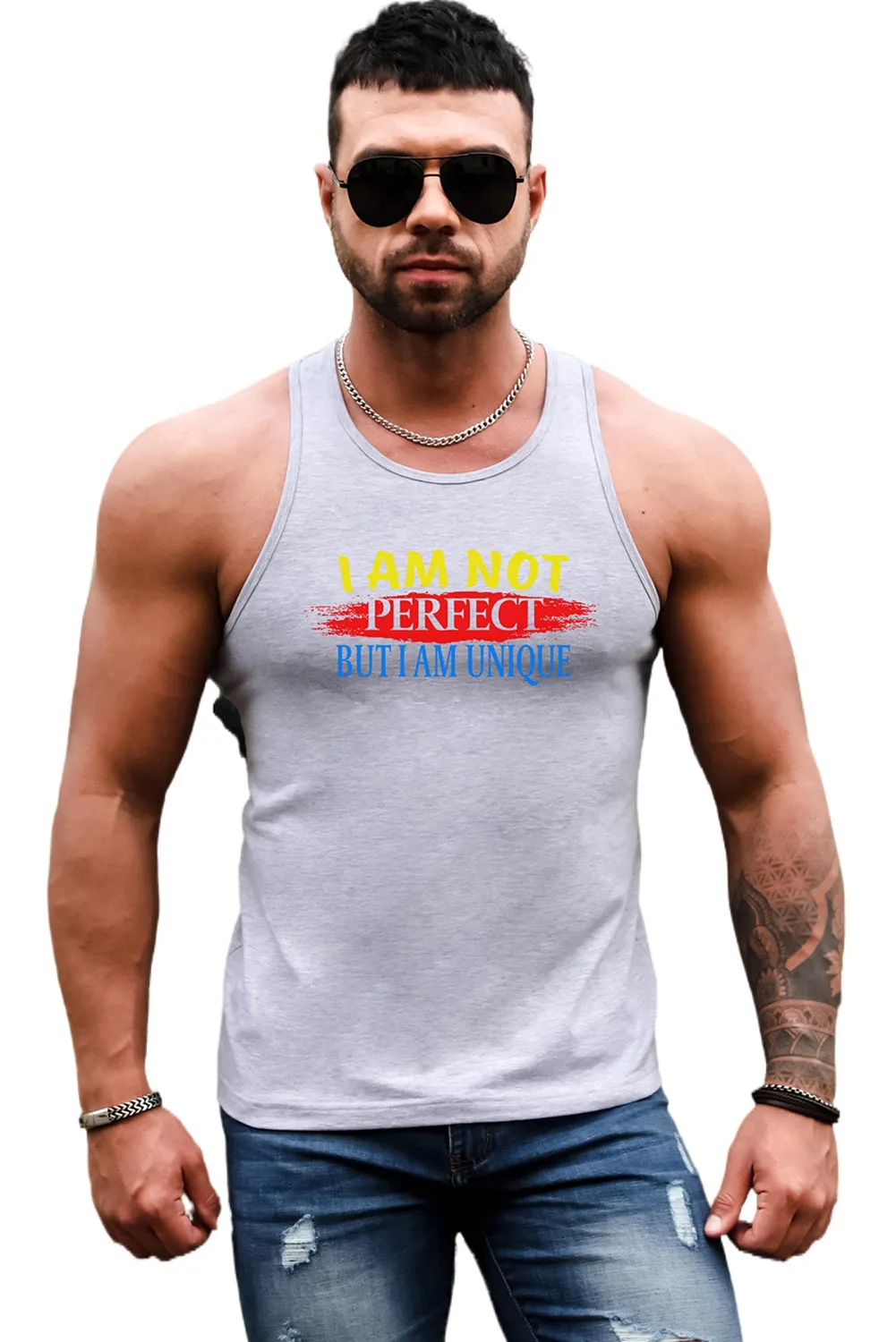 Gray Letter Print Slim-fit O-neck Men's Tank Top
