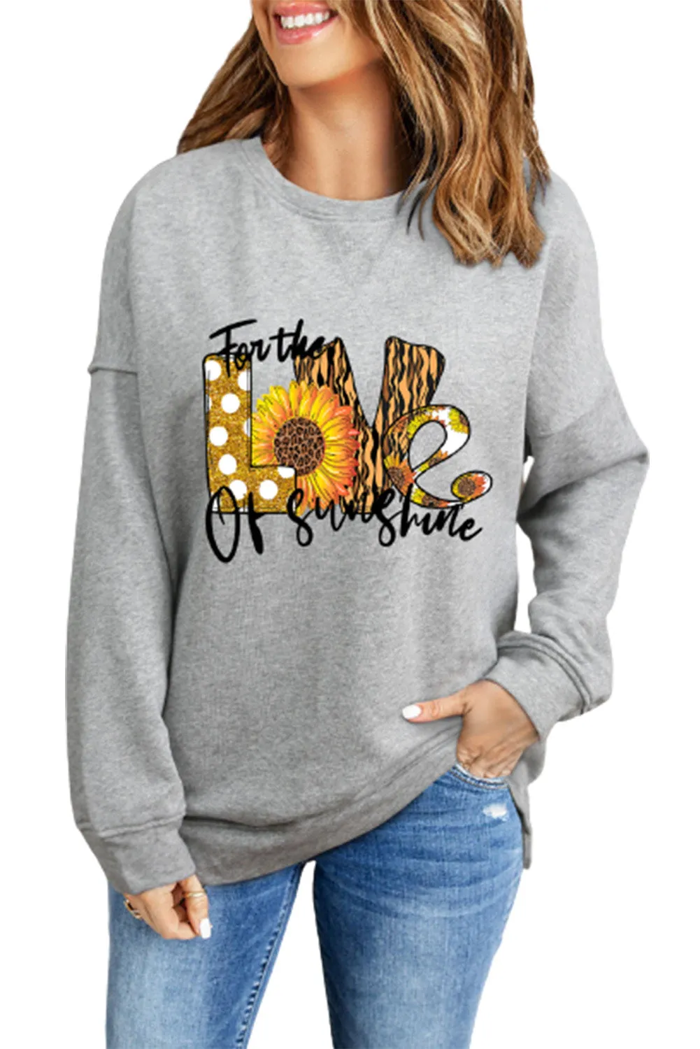 Gray LOVE Sunflower Leopard Letter Print Graphic Sweatshirt