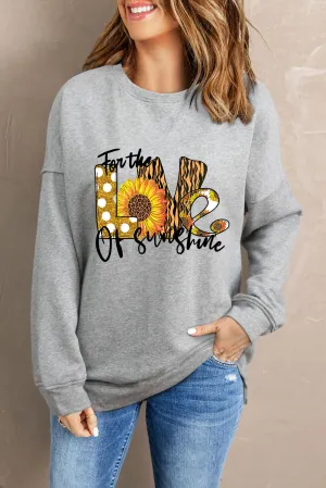 Gray LOVE Sunflower Leopard Letter Print Graphic Sweatshirt