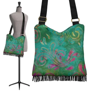 Green and Pink Batik Printed Canvas Boho Bag With Fringe and Crossbody Shoulder Strap Purse