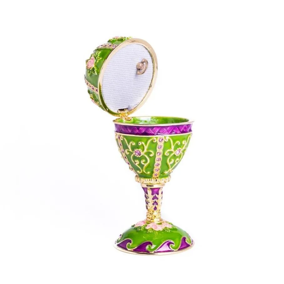 Green Faberge Egg Music Playing Decorated with Flowers