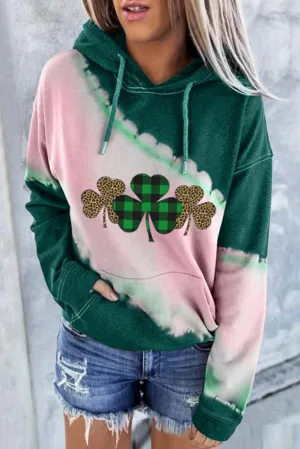 Green Plaid Clover Print Color Block Pocket Pullover Sweatshirt
