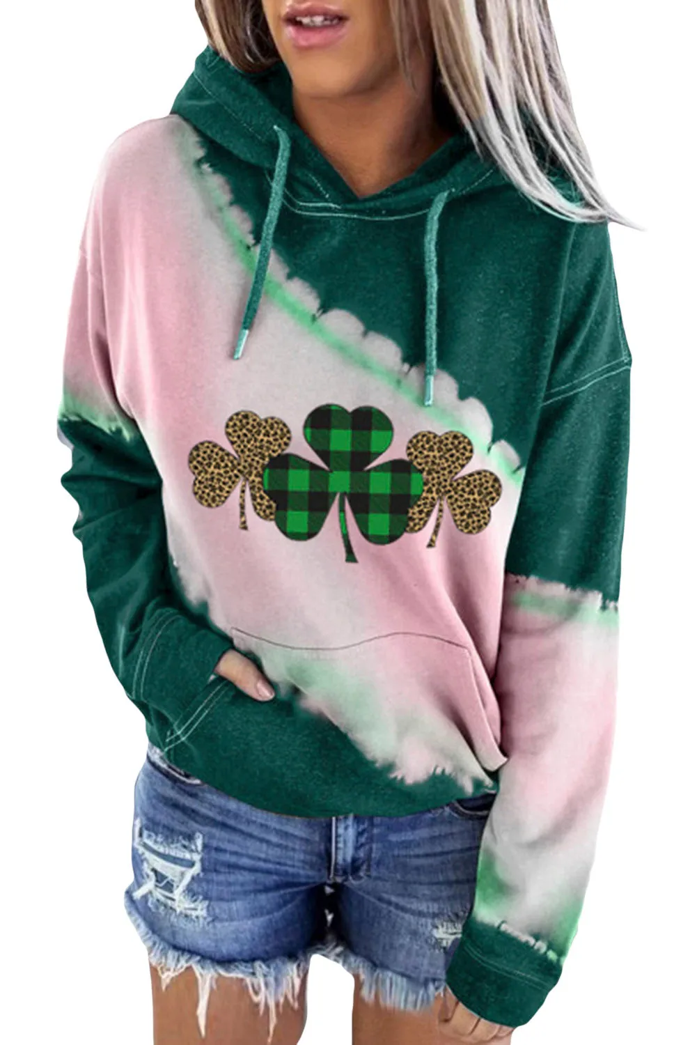 Green Plaid Clover Print Color Block Pocket Pullover Sweatshirt