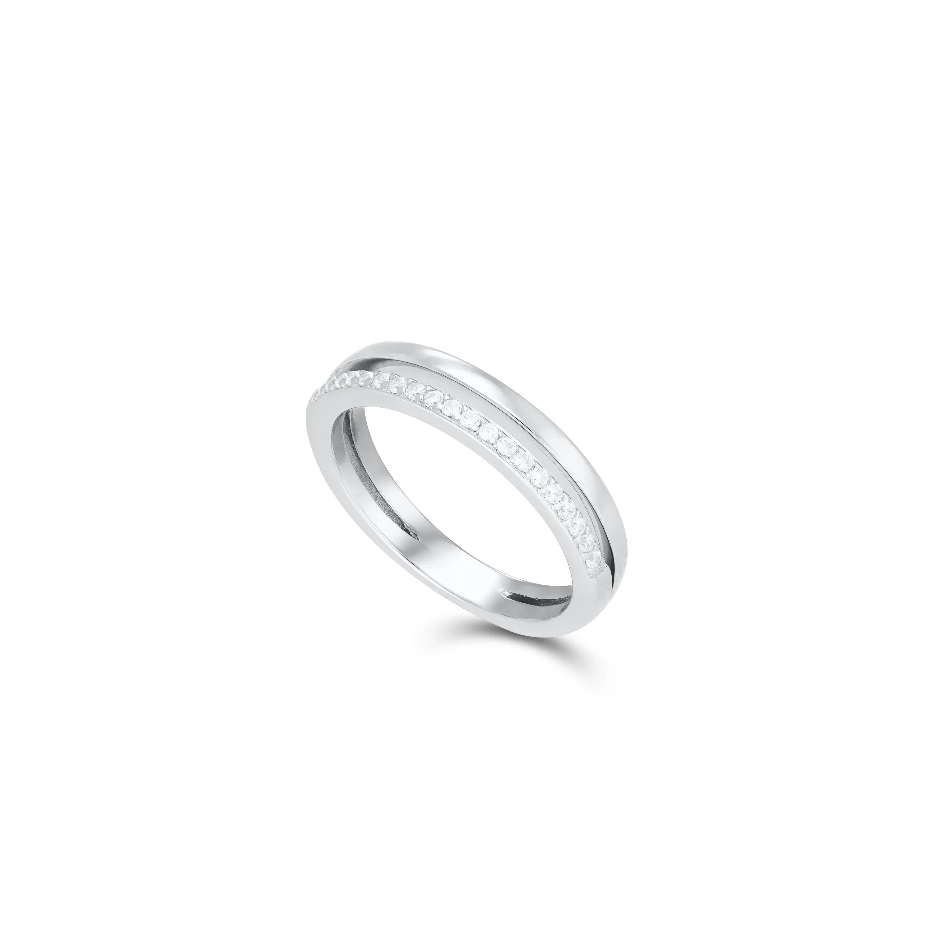 Half Plain Half Cubic Zirconia Double Line Ring