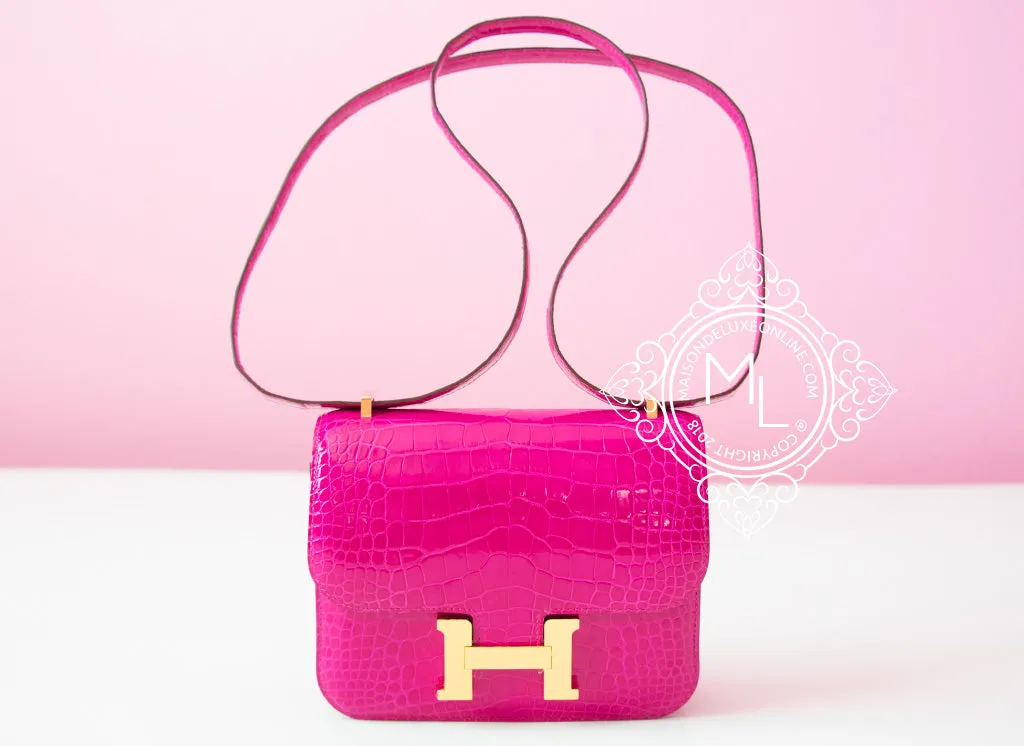 Hermes Constance Mini 18 Rose Scheherazade Crocodile Handbag