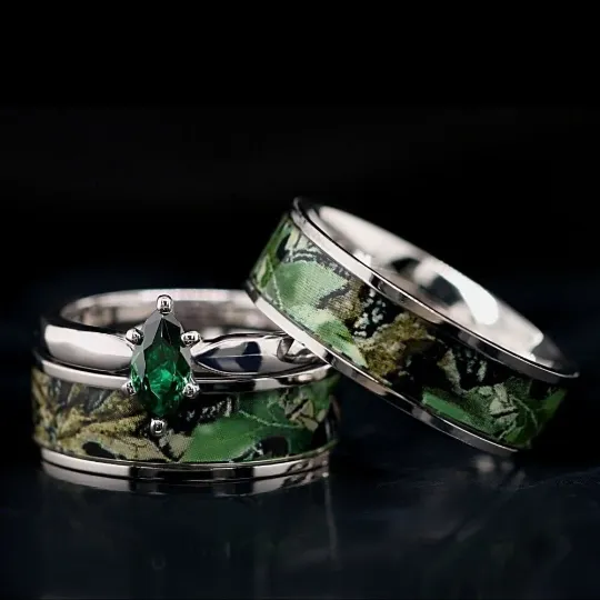 His and Hers Green Camo Ring Set Marquis Engagement Ring