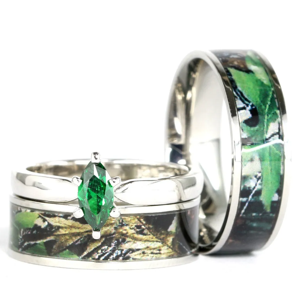 His and Hers Green Camo Ring Set Marquis Engagement Ring