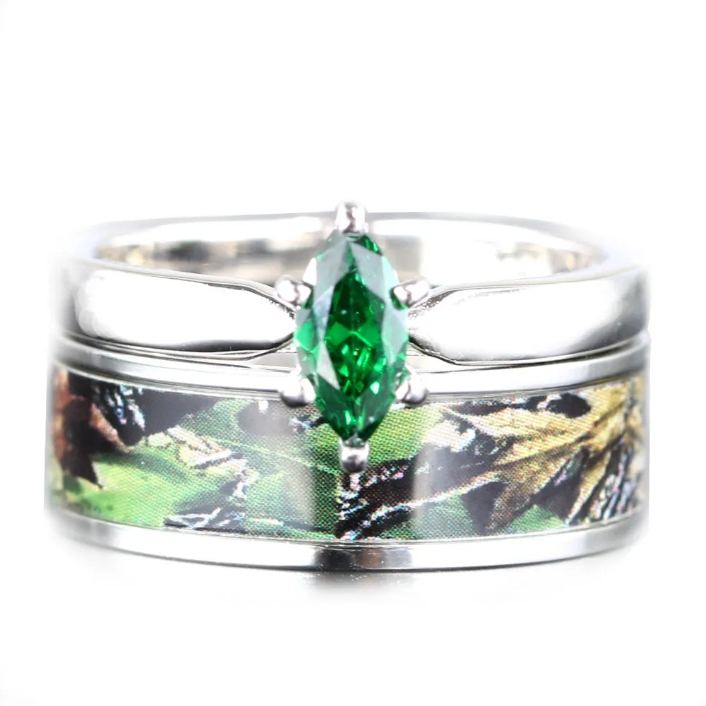 His and Hers Green Camo Ring Set Marquis Engagement Ring