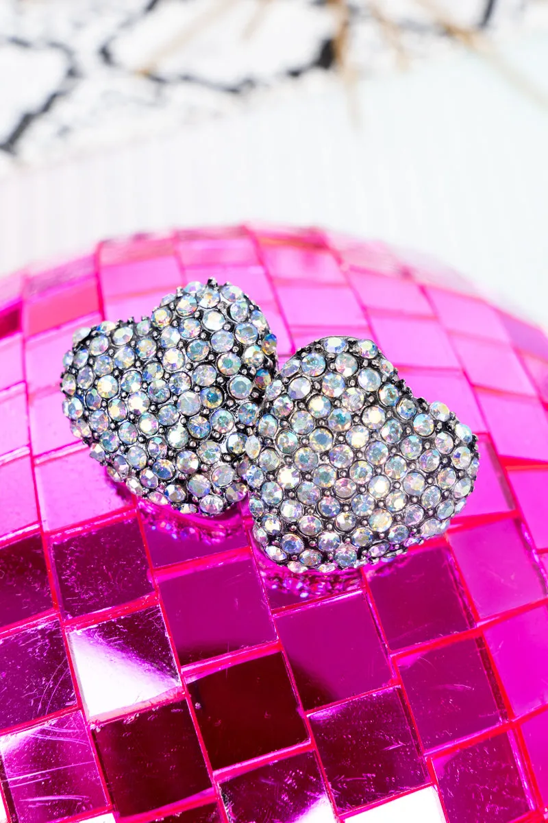 Iridescent Crystal Puff Heart Silvertone Earrings