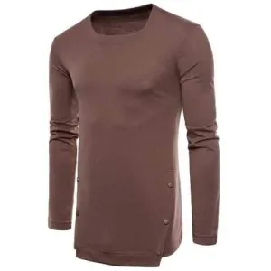 Irregular Hem Buttons Decorated Tee - Deep Coffee L