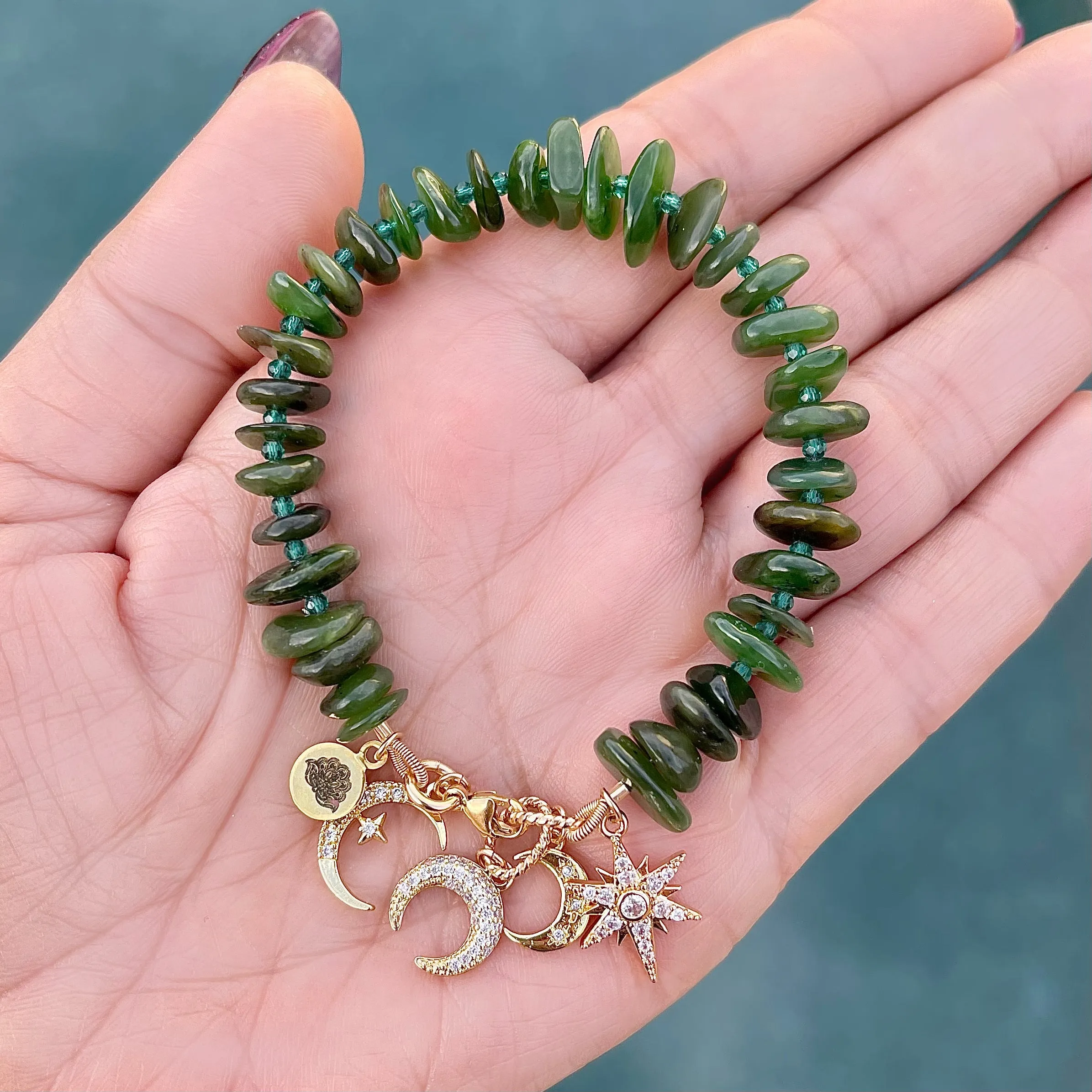 Jade Gold Filled Bracelet with Gold Plated Star Charms