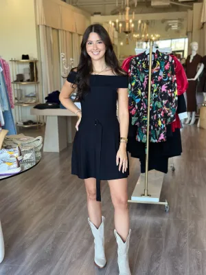 KG3720 Black Off the Shoulder Knit Mini Dress w/ Belt
