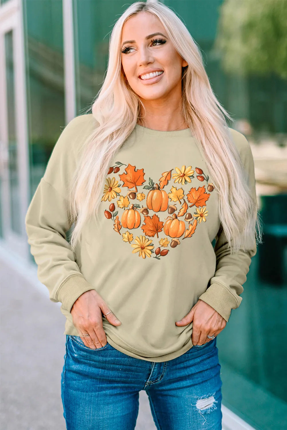 Khaki Autumn Things Heart-shaped Graphic Sweatshirt