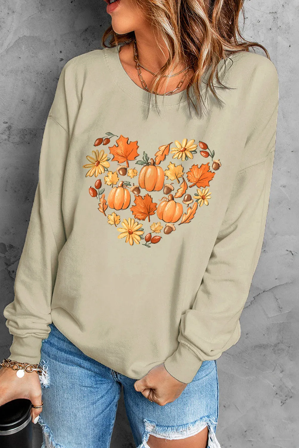 Khaki Autumn Things Heart-shaped Graphic Sweatshirt
