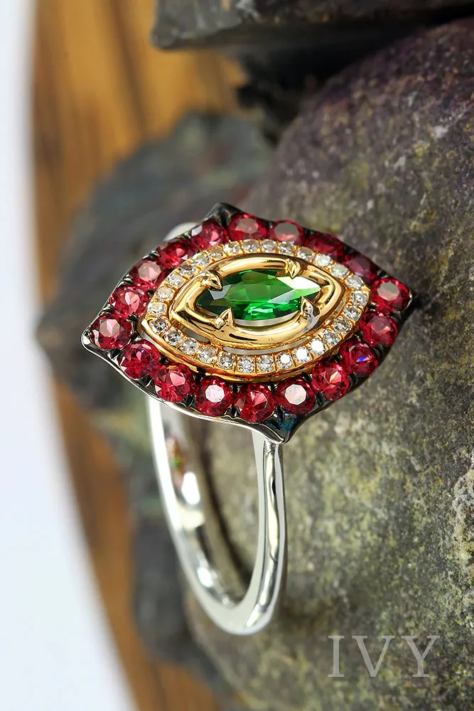 La Marchesa Ring with Tsavorite and Red Spinel